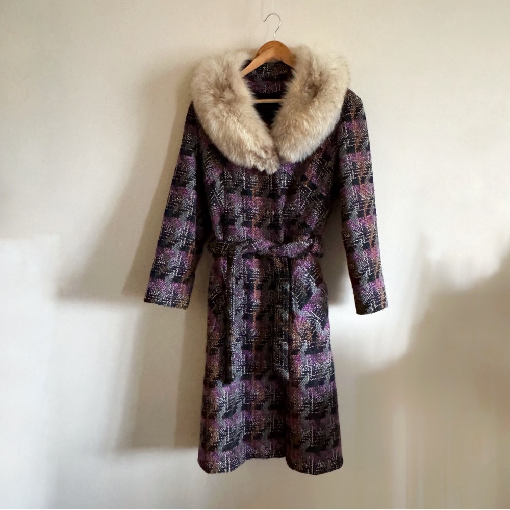 Vintage Wool Multicolor Pea Coat with Fur Collar